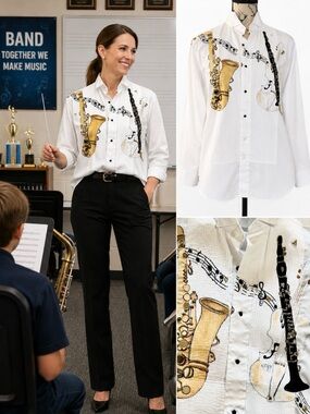 Neil Allyn Hand Painted Jazzy Music Tux Blouse Sax Violin Clarinet Sz S 💛
